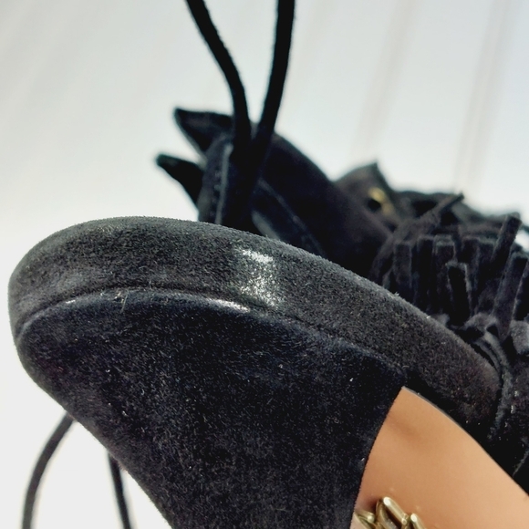 Aquazzura Black Suede Sexy Thing Fringe Peep Toe Booties Sandals Heels B163 - Picture 11 of 12